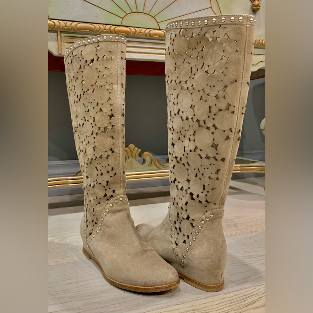 Italian Knee-high Suede Boots with Laser-cut Circular Pattern and Studded Trim